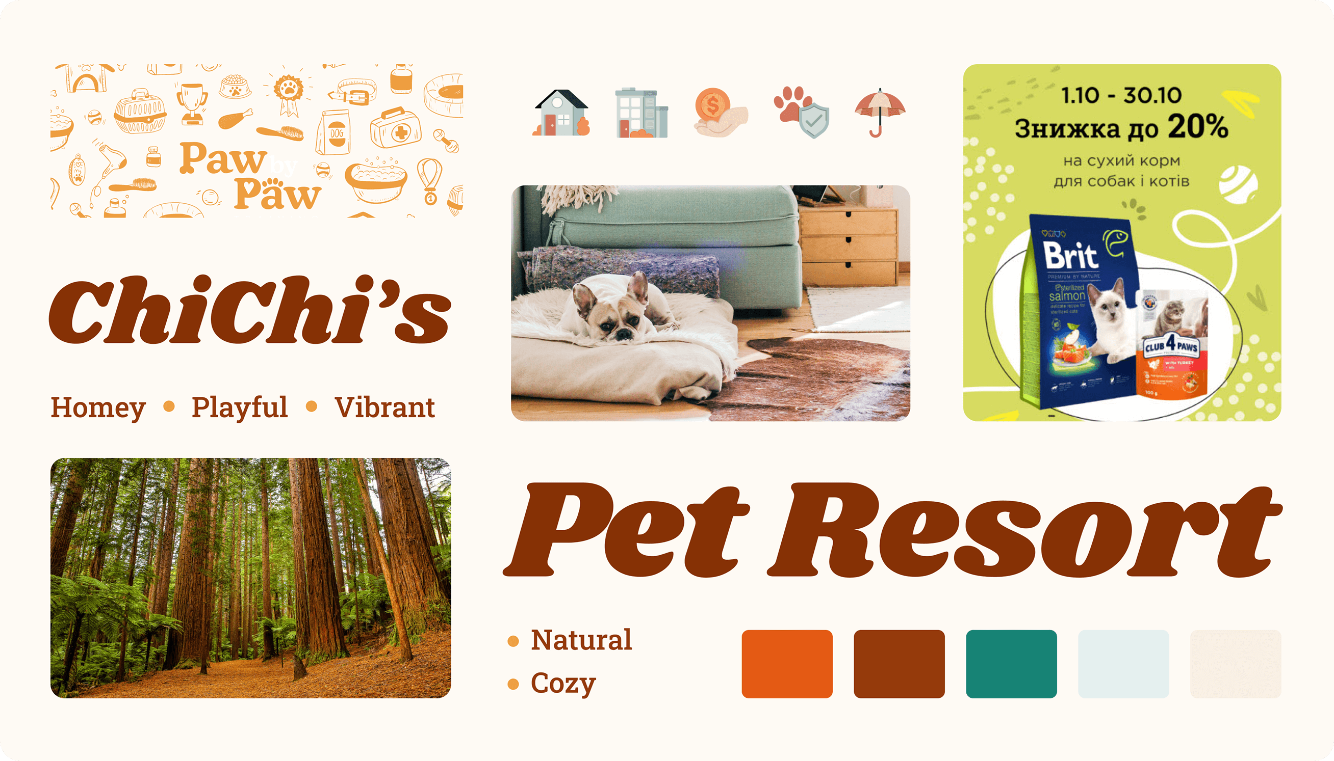 Moodboard for ChiChi's Pet Resort brand. It features the ChiChi's logo with adjectives 'Homey, Playful, Vibrant,' natural forest imagery, a cozy pet bed scene, a foreign language dog food ad with a 20% discount, and a color palette of orange, brown, teal, light blue, and cream.