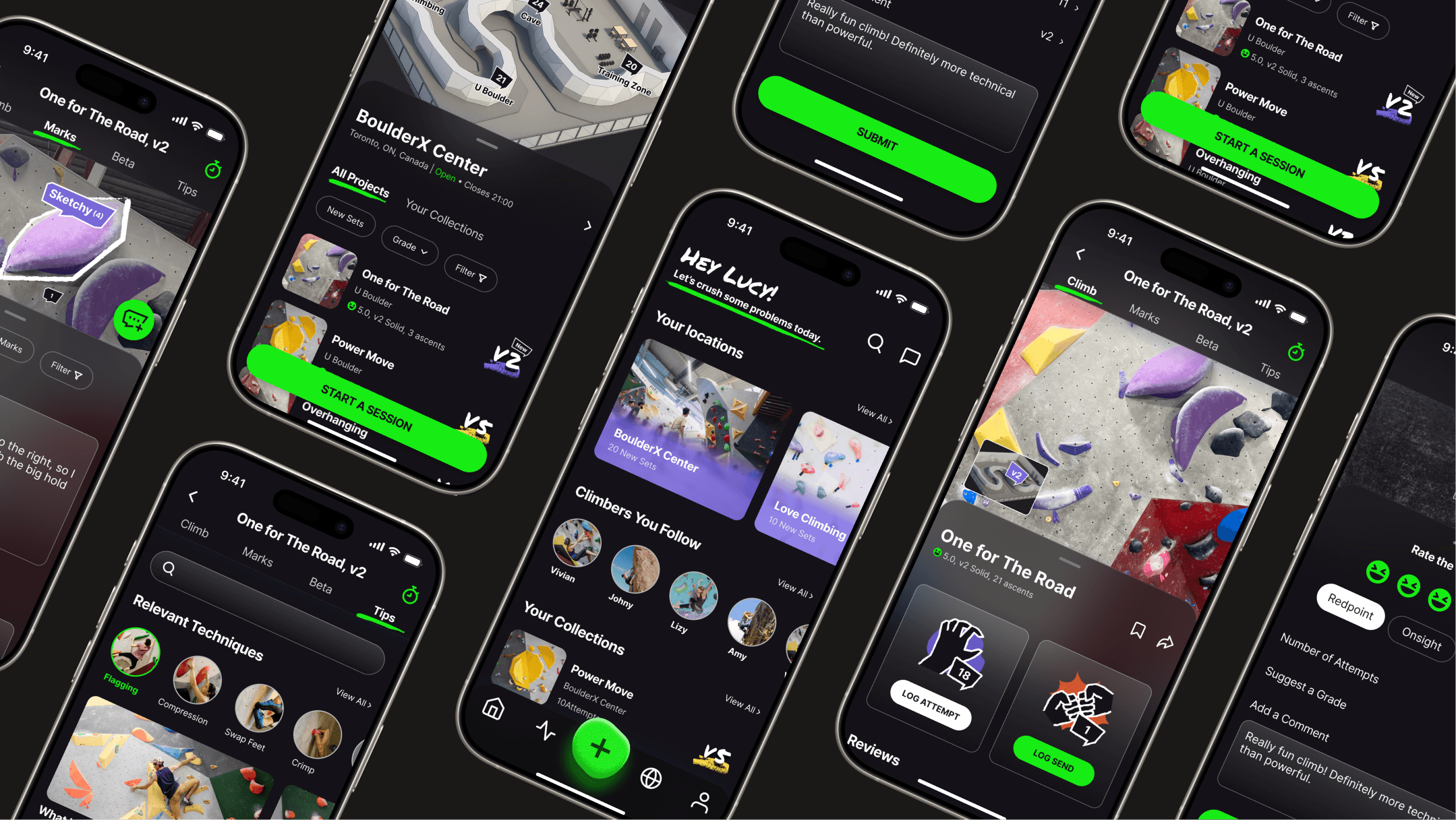 A dynamic collage of multiple mobile screens from the WALLZ climbing app, showcasing its dark-themed UI and key features. Screens visible include the homepage, a gym detail page, a project detail page ('One For The Road'), and an in-climb tracking interface with beta recording and submission options.