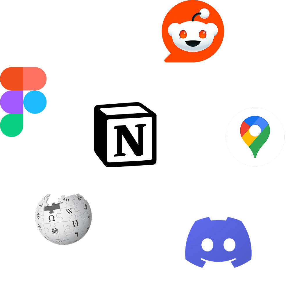 A collage of various app logos for a comparative analysis, including Figma, Notion, Google Maps, Reddit, Wikipedia, and Discord. This visually represents the scope of competitor or inspiration analysis.
