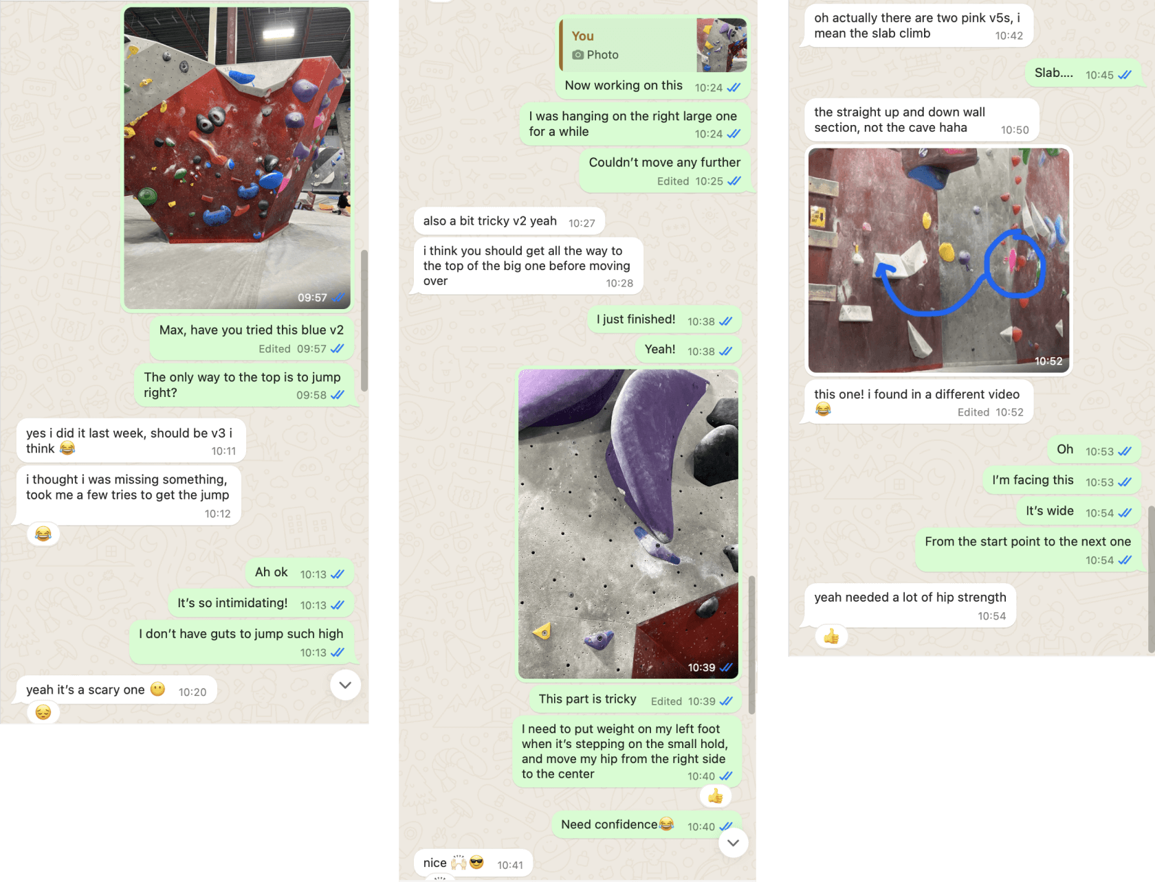 Screenshot of a chat conversation between a designer and a climbing peer about climbing cruxes, tips, and feelings. The discussion includes photos of climbing routes and detailed textual advice on technique and specific moves, demonstrating a real-life exchange of beta.