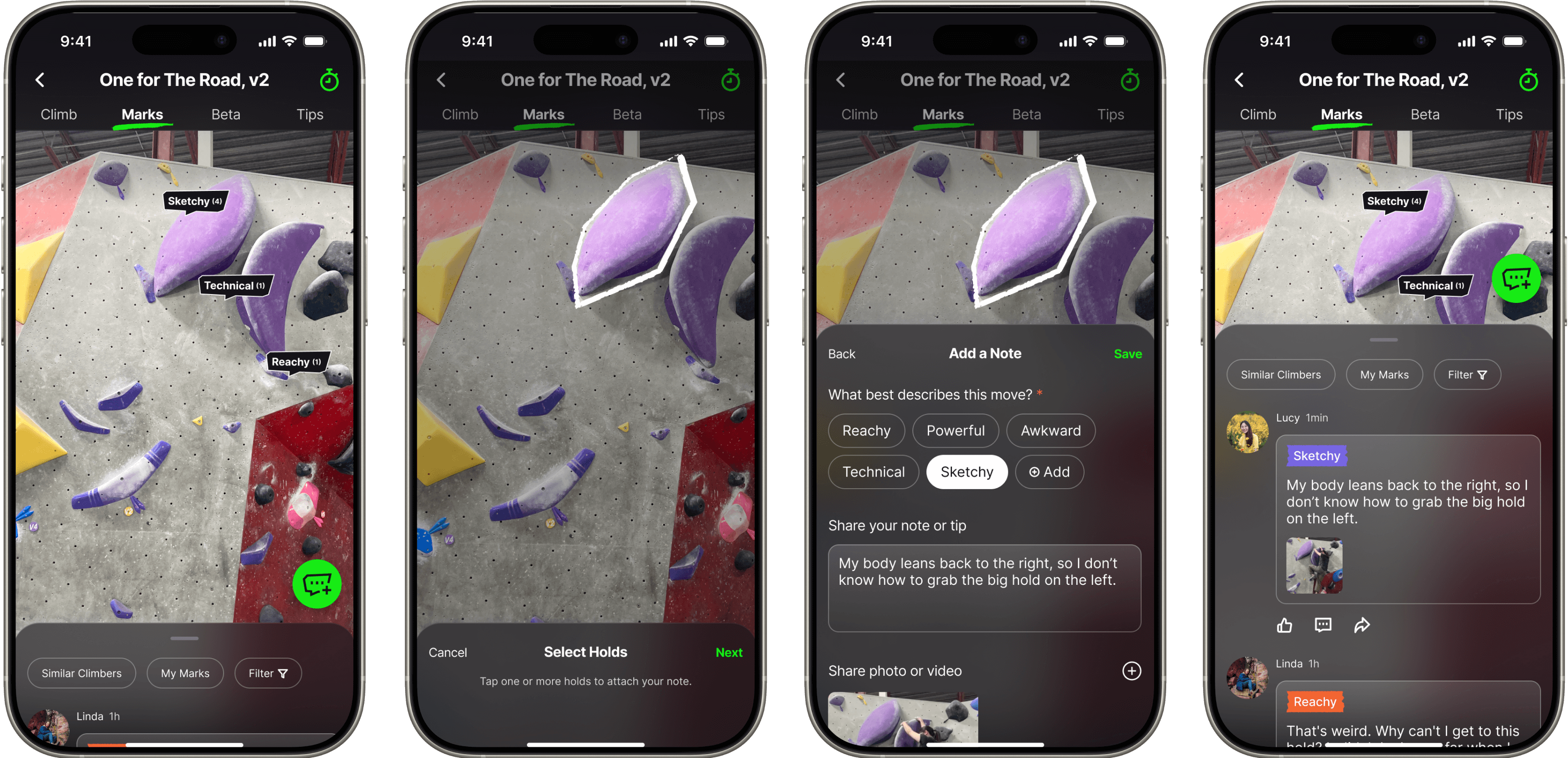 High-fidelity mockups of the WALLZ app illustrating a simple, guided flow to mark and share climbing struggles. The four screens show: first, viewing a climb with existing marked holds; second, selecting a hold to mark; third, adding a note with descriptive tags and text; and fourth, viewing the shared marked hold with discussions and other climbers' comments, fostering collaborative problem-solving.