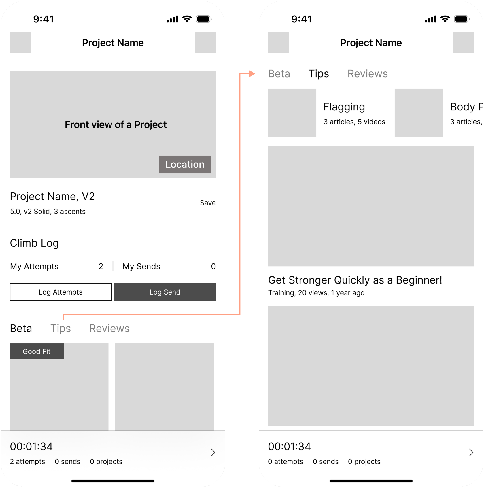 Mid-fidelity wireframes for WALLZ app, illustrating the 'Technique Learning' flow (Scenario 3). The left screen is a project detail page with tabs for 'Beta', 'Tips', and 'Reviews'. The 'Beta' section highlights relevant beta videos. An arrow indicates a transition to the right screen which is the 'Tips' section, showing suggested technique articles and training videos like 'Get Stronger Quickly as a Beginner!', designed to help users improve based on the current project.