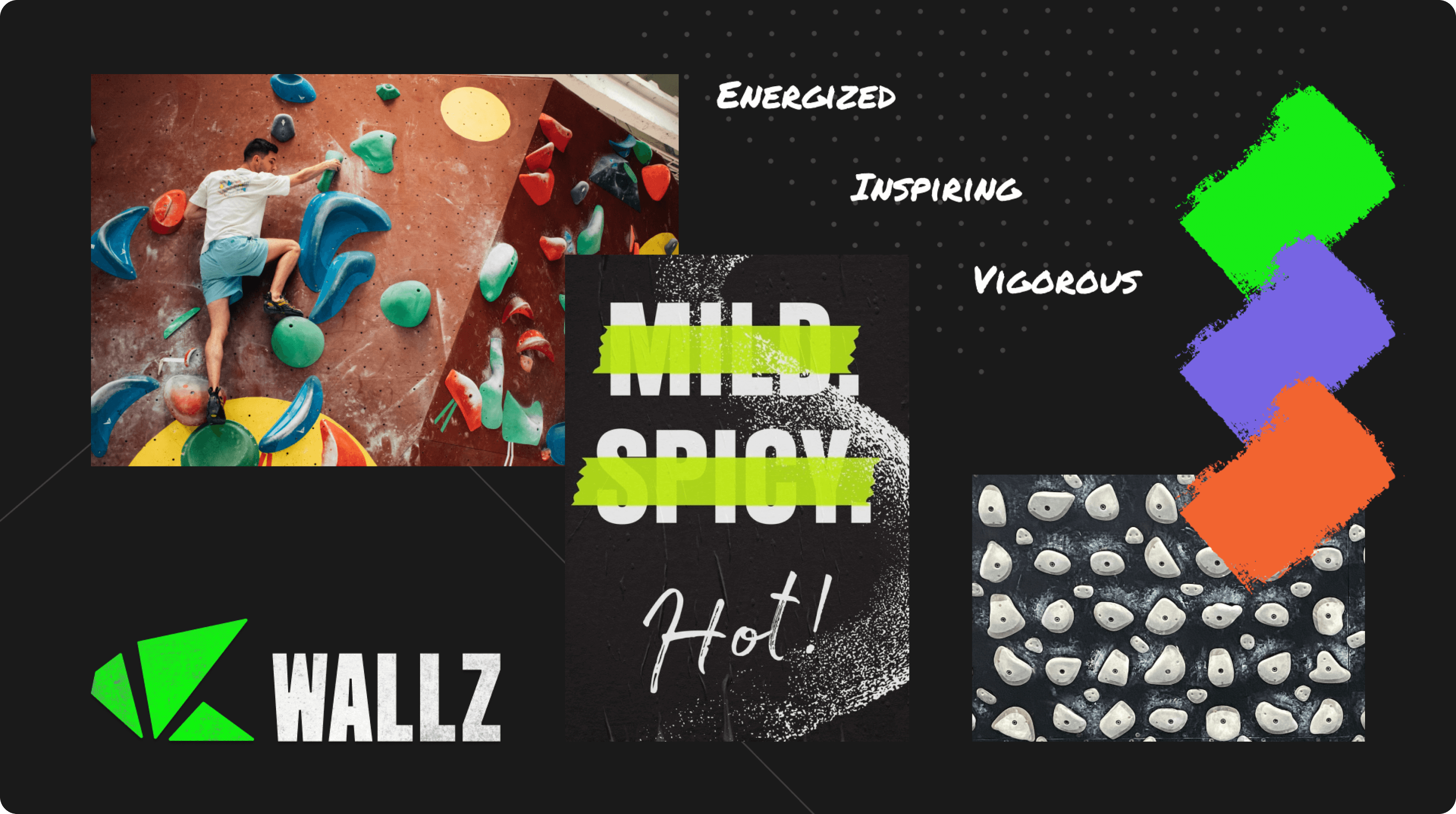 Mood Board for WALLZ app, featuring design inspiration. Elements include a photograph of a climber on a red bouldering wall, the WALLZ logo in green and white, a grungy text overlay that reads "MILD SPICY Hot!", and a color palette of vibrant green, purple, and orange paint swatches. Adjectives 'ENERGIZED', 'INSPIRING', and 'VIGOROUS' are also present, alongside a close-up texture of small climbing holds.