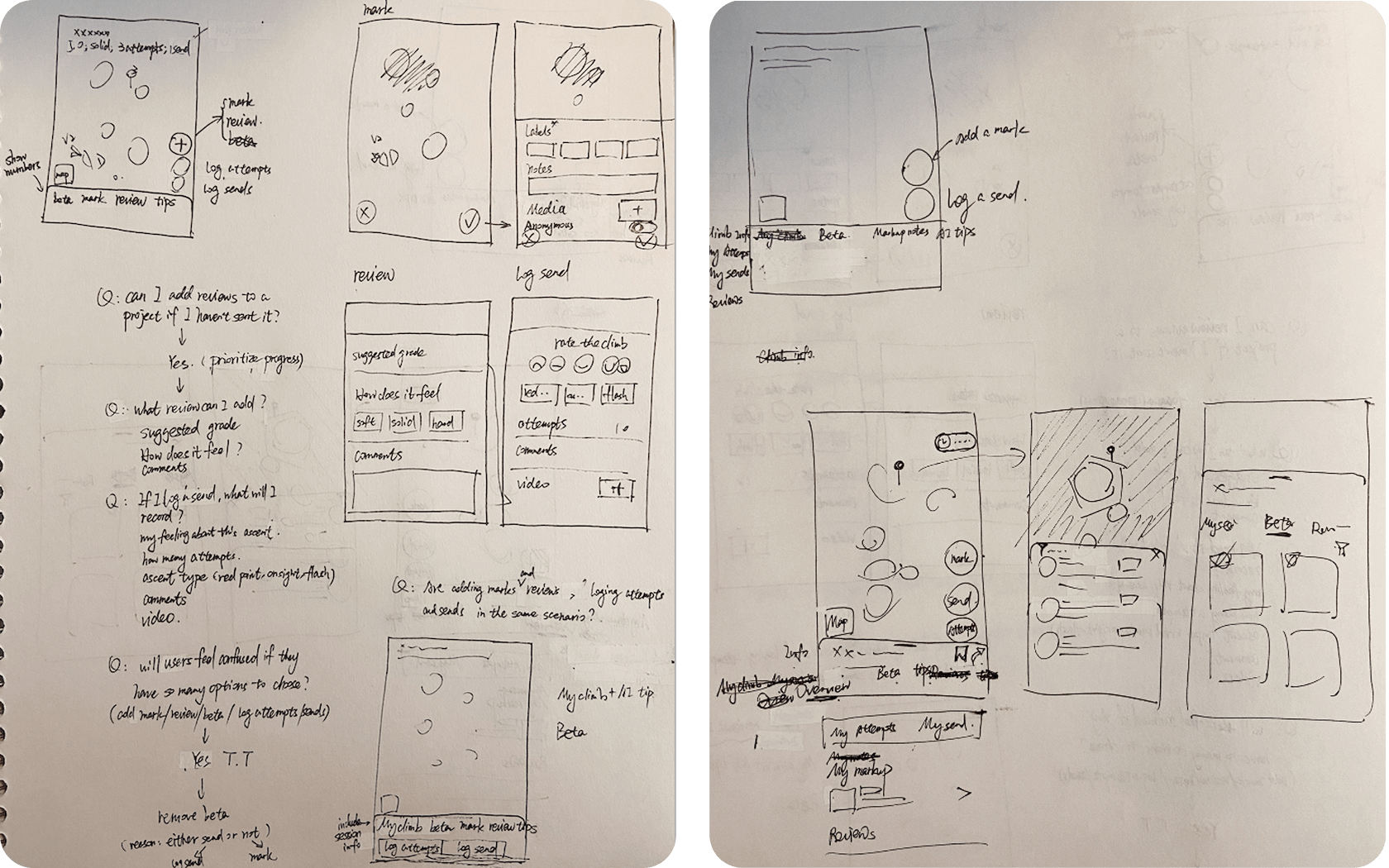 Hand-drawn sketches illustrating possible structures for the WALLZ app's project detail page. The sketches show various layouts for displaying climb details, logging attempts/sends, adding media, and sections for beta, tips, and reviews. Accompanying notes explore questions about adding reviews, media, and options for different types of beta.