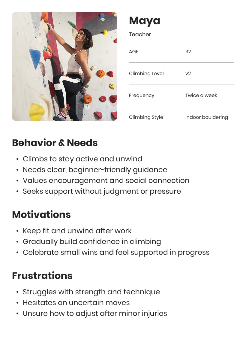 User Persona 2: Maya, a 32-year-old teacher with a V2 climbing level, climbing twice a week, focused on indoor bouldering. Her behaviors and needs include climbing for activity and unwinding, needing clear beginner guidance, and valuing social connection and support without judgment. Motivations are keeping fit, building confidence, and celebrating small wins. Frustrations include struggles with strength/technique, hesitation on uncertain moves, and uncertainty about adjusting after minor injuries. The image shows a photo of Maya climbing on a bouldering wall.