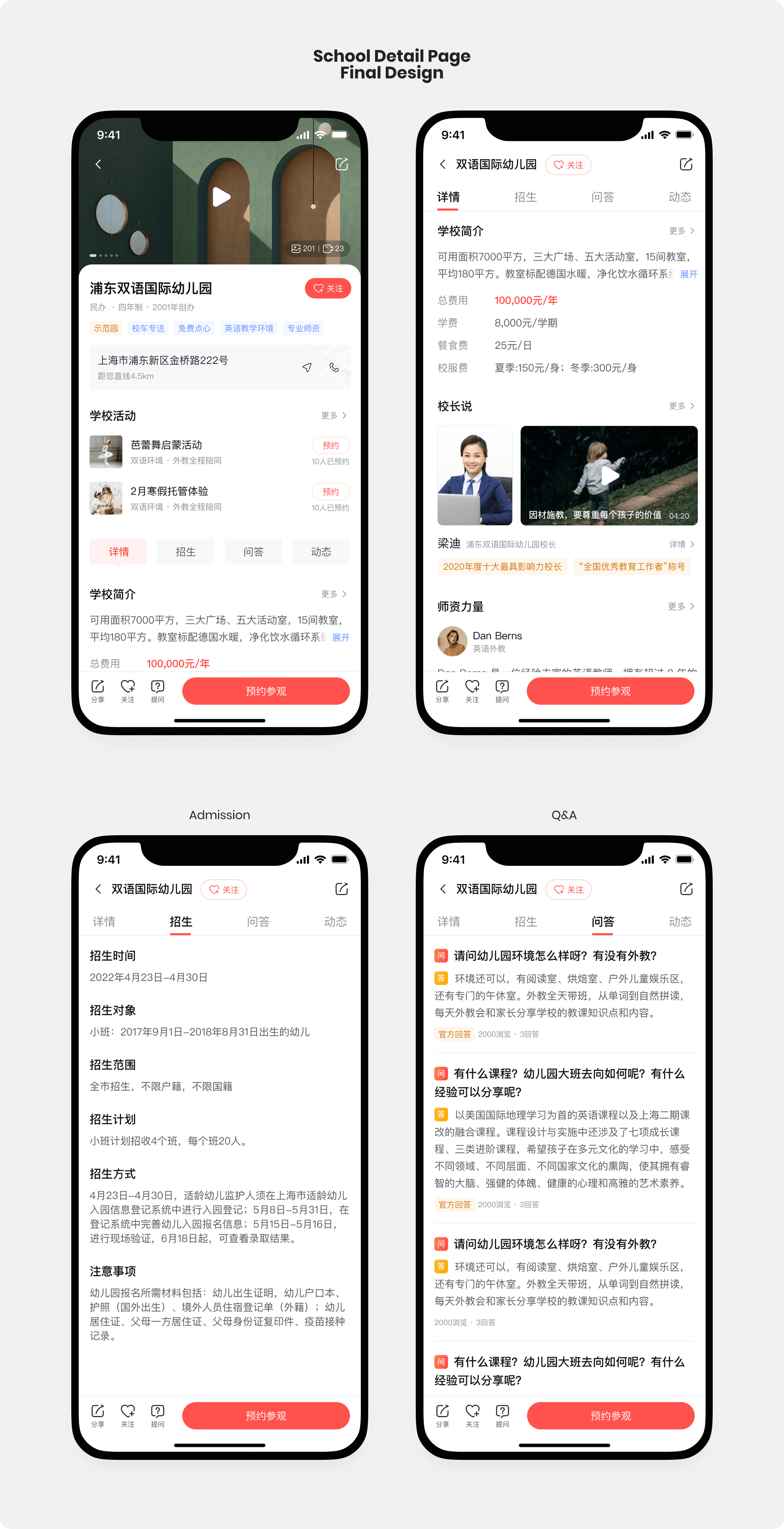 High-fidelity mobile mockups of the "Where to Study" app's School Detail Page. The top-left screen shows the school's general information including address, activities, and a brief introduction. The top-right screen displays detailed information such as fees, a principal's introduction, and faculty qualifications. The bottom-left screen focuses on admission details like dates, target applicants, and required documents. The bottom-right screen presents a Q&A section for the school.