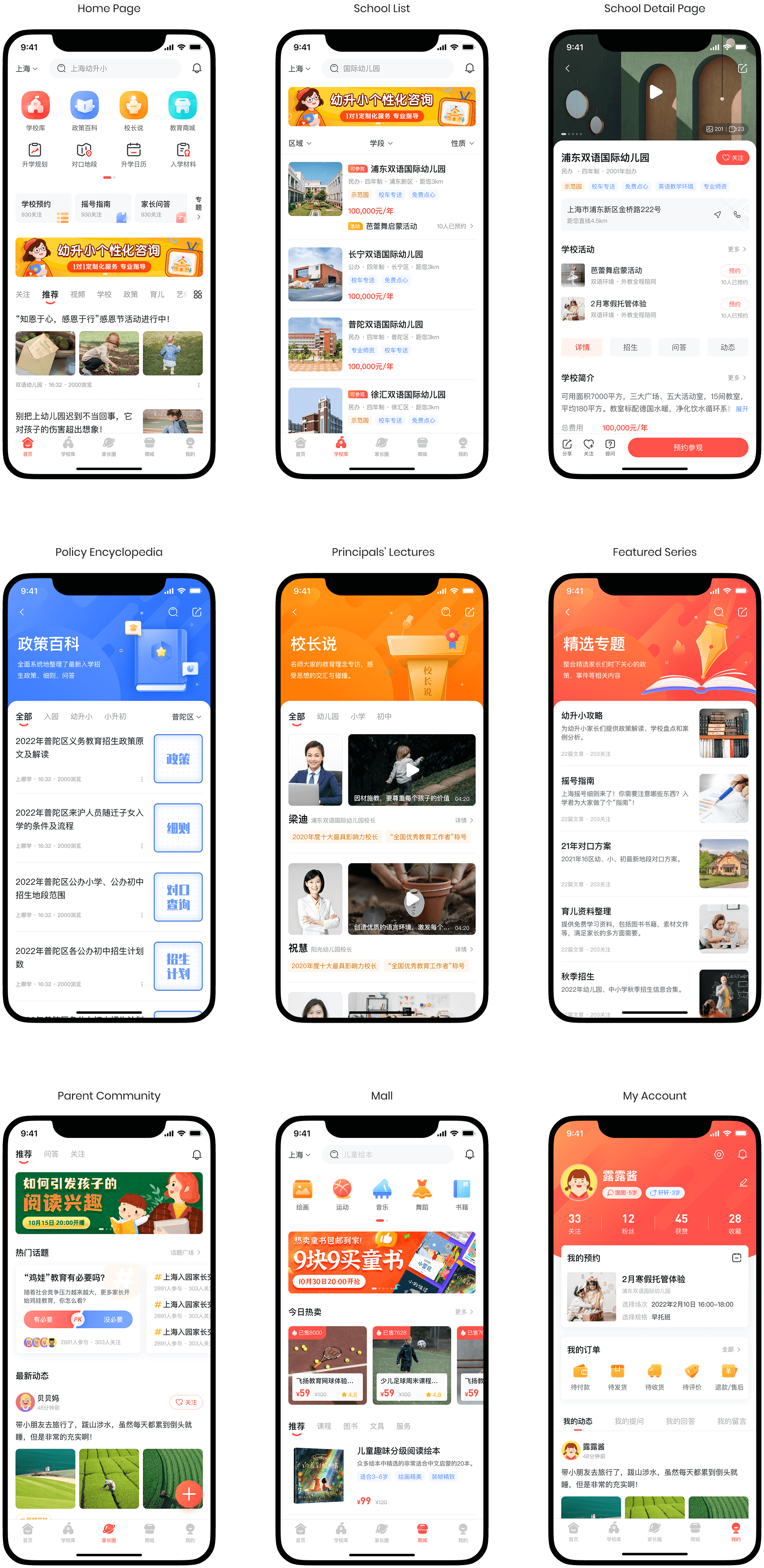 A grid of high-fidelity mobile screens showcasing the final design of the "Where to Study" app. Pages displayed include the Home Page, School Detail pages, Policy Encyclopedia, Principal's Lectures, Featured Series, Parent Community, Education Mall, and My Account, all featuring Chinese content with clear and vibrant UI.