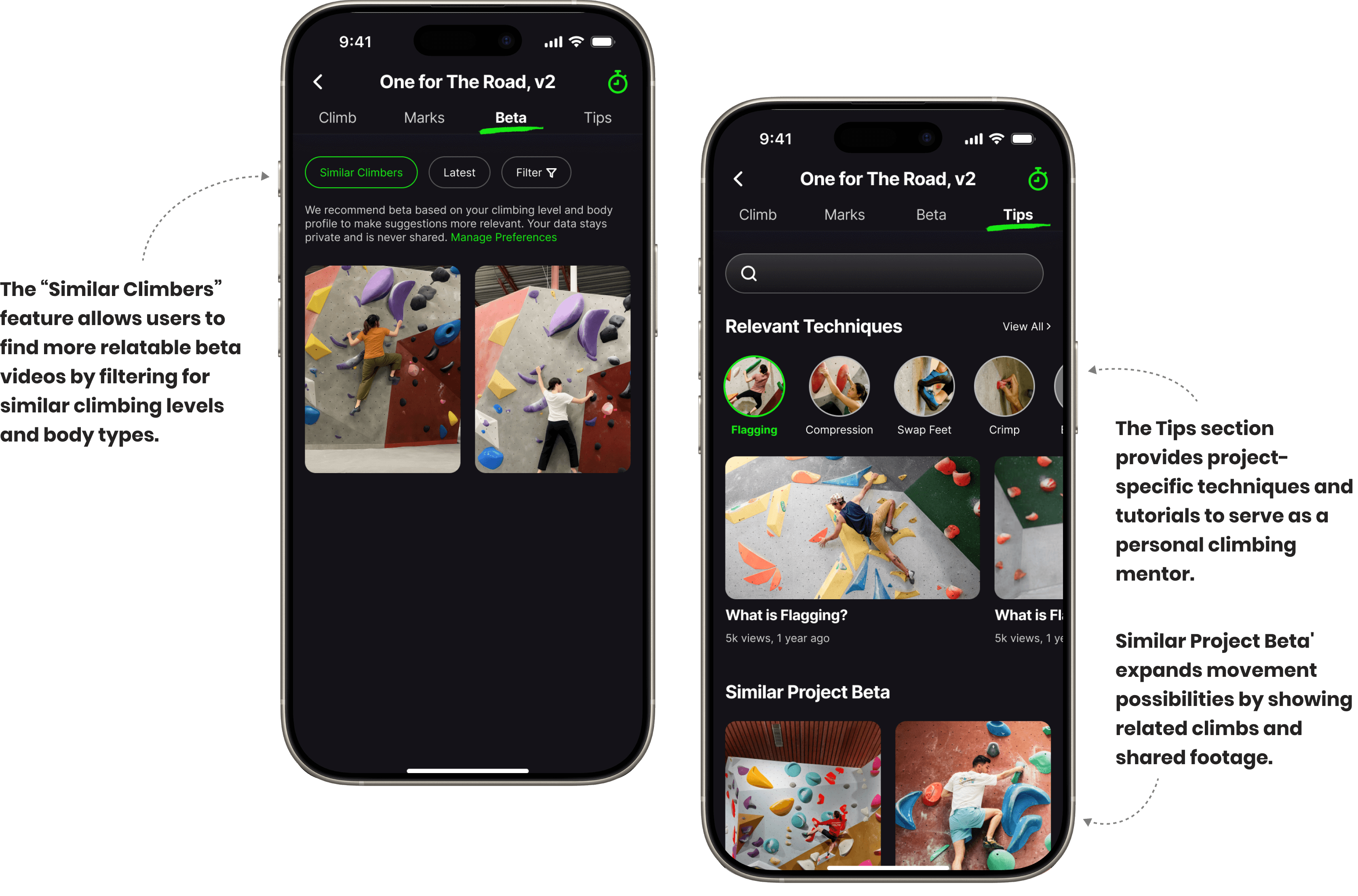High-fidelity mockups of the WALLZ app, focusing on personalized learning. The left screen shows the 'Beta' section on a project detail page, where the 'Similar Climbers' feature allows users to filter beta videos for more relatable movement styles. The right screen displays the 'Tips' section, providing project-specific techniques and tutorials that serve as a personal climbing mentor, along with 'Similar Project Beta' for broader inspiration.