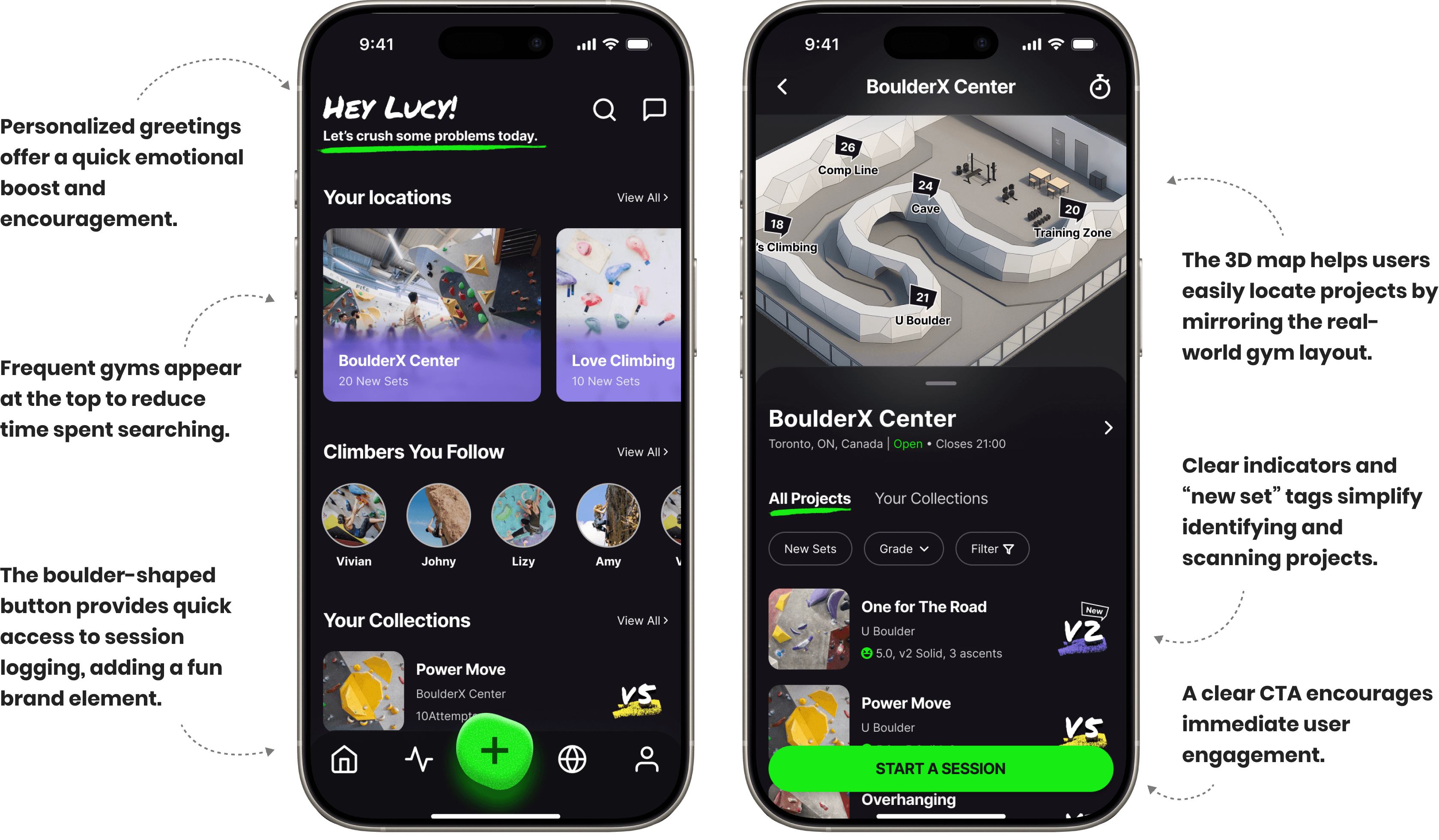 High-fidelity mockups of the WALLZ app, demonstrating how users can get motivated and quickly jump into a climbing session. The left screen shows the homepage with a personalized greeting 'Hey Lucy!' and quick access to frequently visited gyms like BoulderX Center and Love Climbing. The right screen displays the BoulderX Center gym detail page with a 3D map for easy project location and a clear 'Start a Session' call to action, alongside easy project scanning with color and grade indicators.