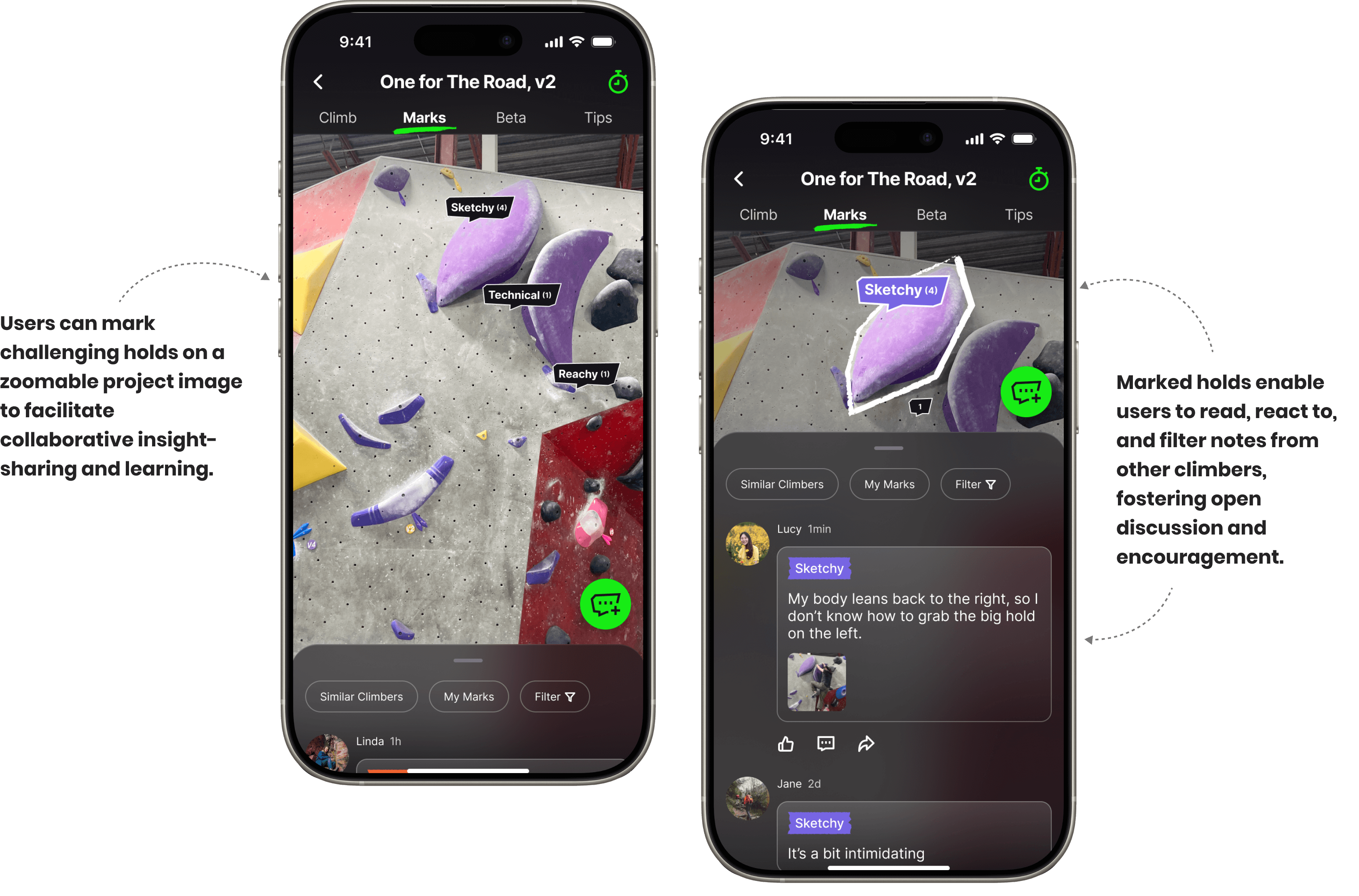 High-fidelity mockups of the WALLZ app, illustrating interactive crux marking and shared discussions. The left screen shows a project detail page where users can mark challenging holds on a zoomable climb image to facilitate collaborative insight-sharing and learning. The right screen displays the 'Marks' tab, where users can read and react to filtered notes from other climbers, fostering open discussion and encouragement.