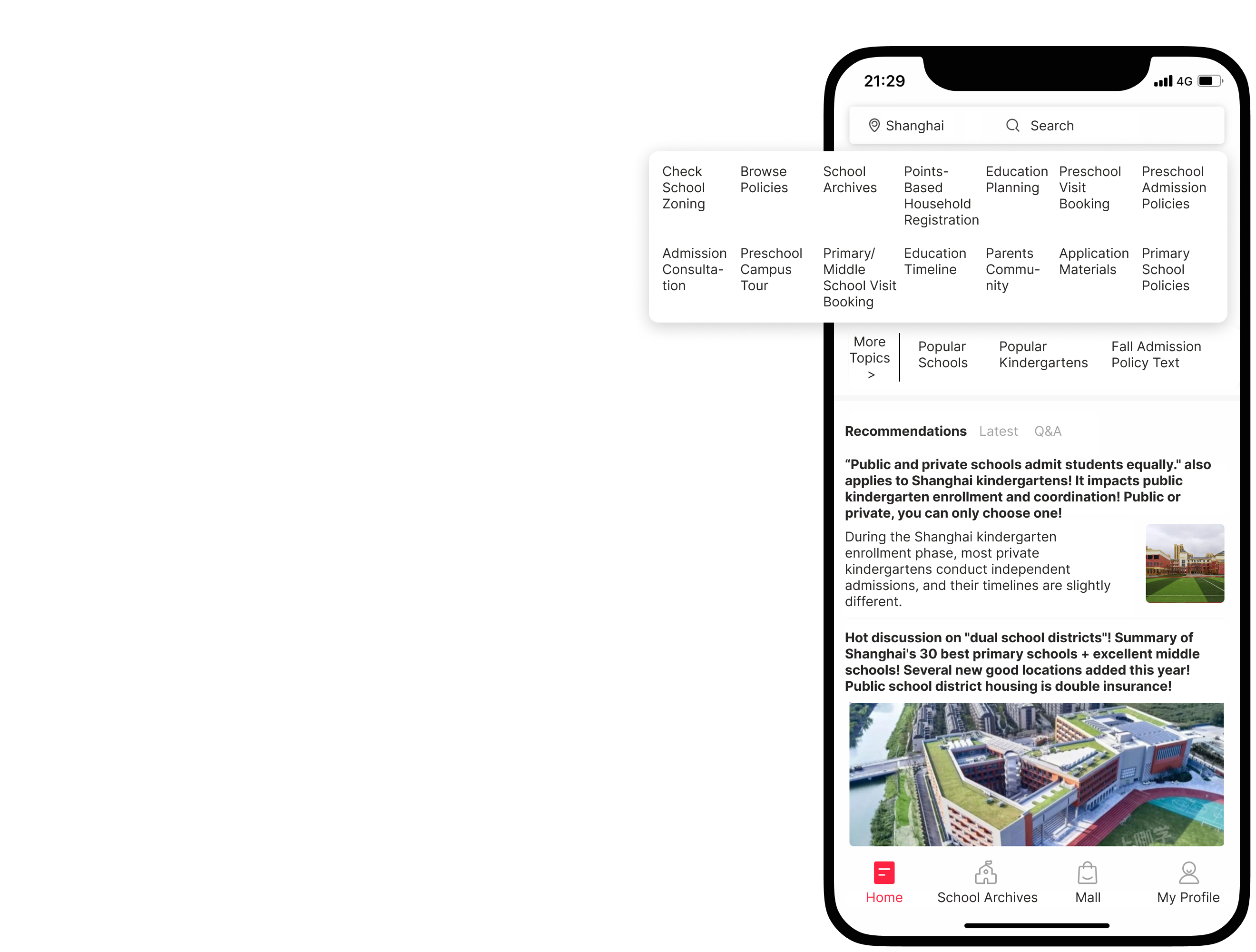 The translated home screen of the Shang Na Xue ("Where to Study") mobile app. The screen features a grid of icon buttons for various services, including "Check School Zoning," "Primary/Middle School Visit Booking," and "Parents Community". Below the grid is a "Recommendations" section with articles about Shanghai school admission policies. A navigation bar at the bottom has icons for "Home," "School Archives," "Mall," and "My Profile".