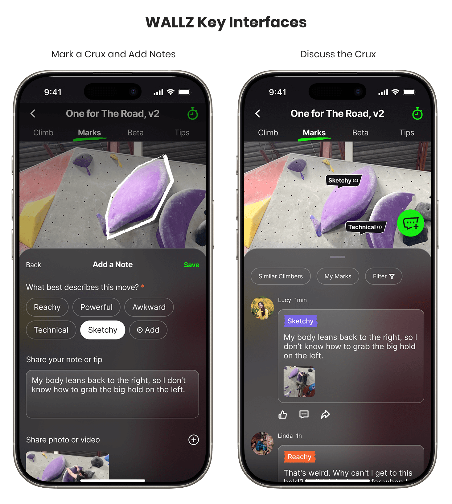 A showcase of collaborative features in the WALLZ app, titled "WALLZ Key Interfaces". The screen on the left, "Mark a Crux and Add Notes," shows a user has circled a hold on a route photo and added a descriptive note. The screen on the right, "Discuss the Crux," shows that note posted publicly, with other users able to view it and reply in a comment thread.