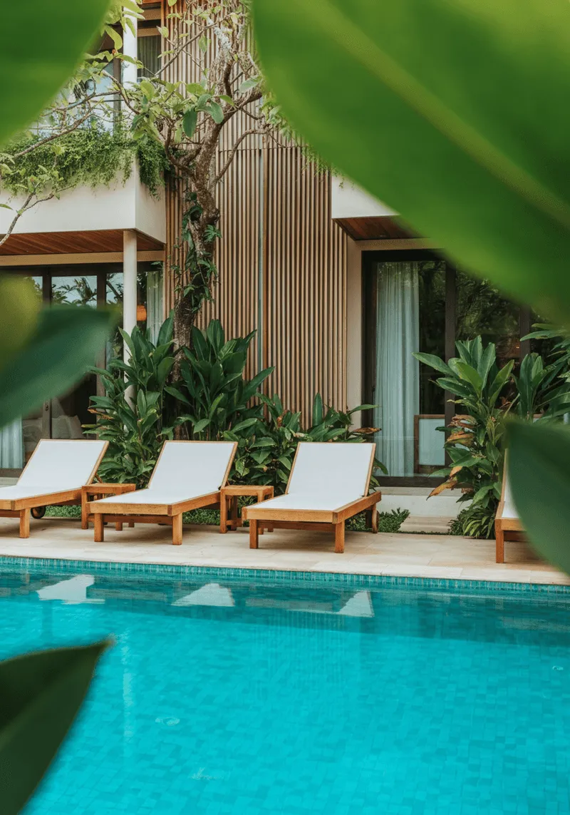 A couple of lawn chairs sitting next to a swimming pool.