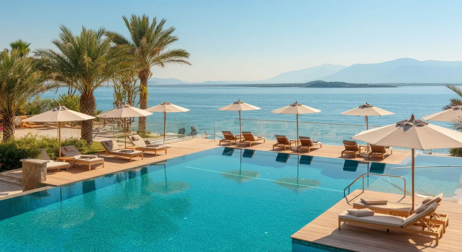 A large swimming pool with lounge chairs and umbrellas.
