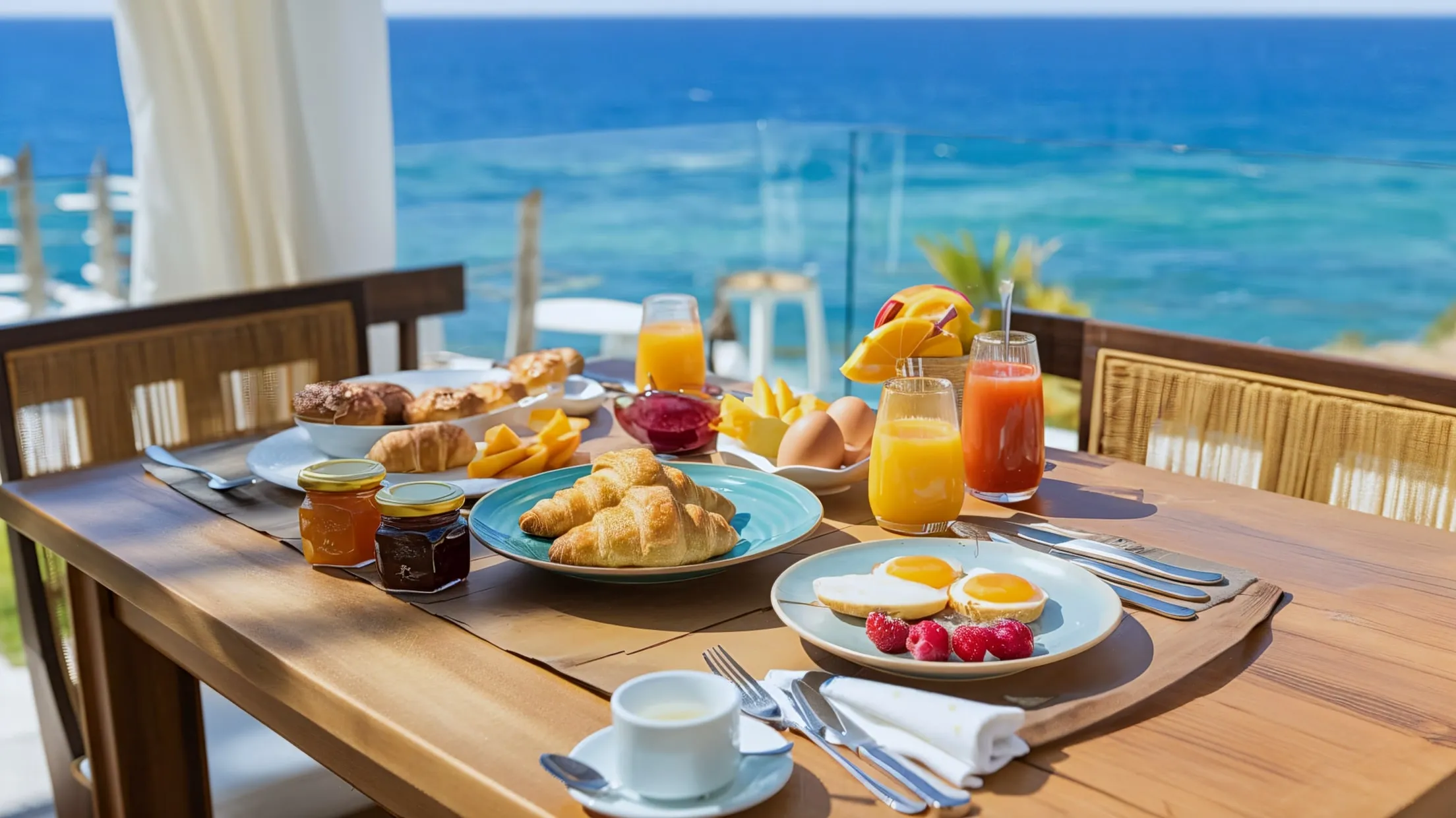 A wooden table topped with plates of food.