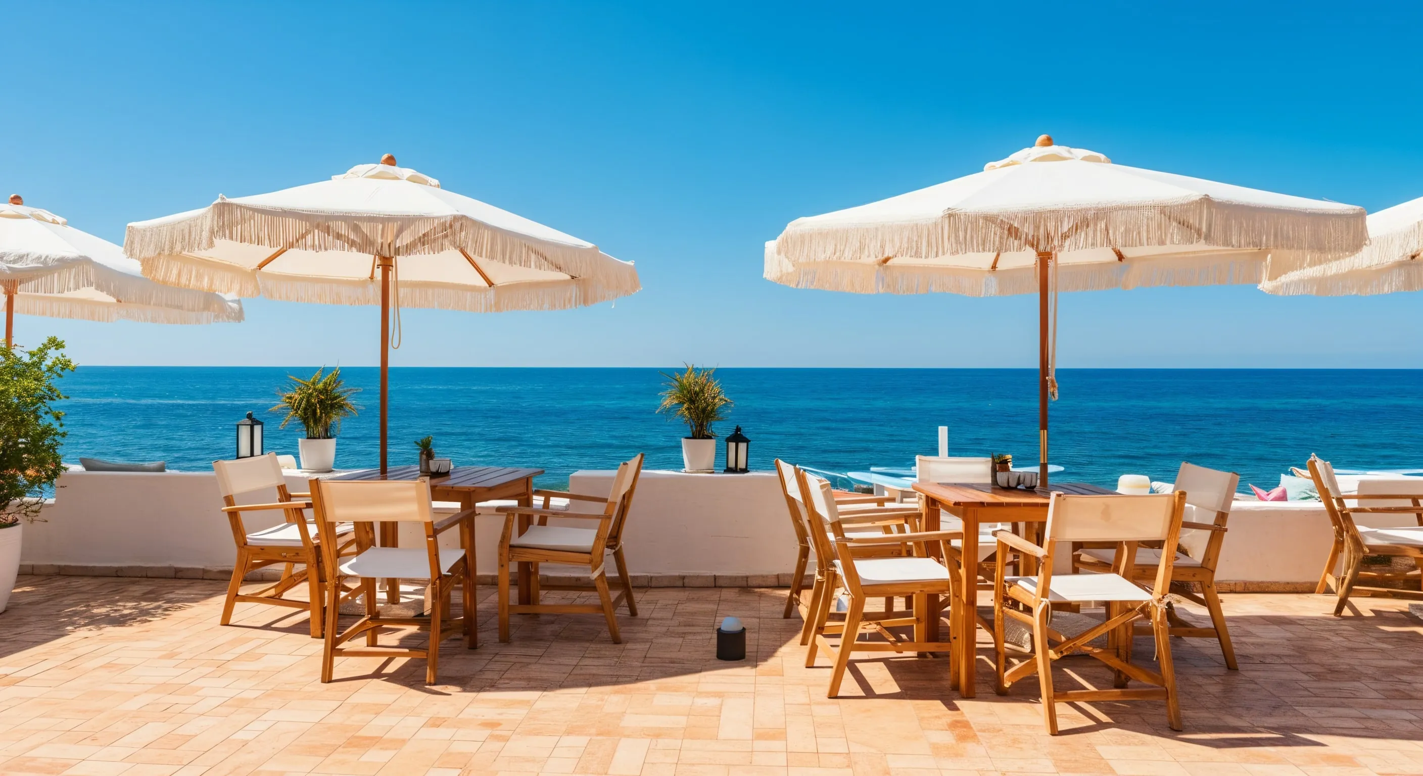 A patio with tables and umbrellas overlooking the ocean.
