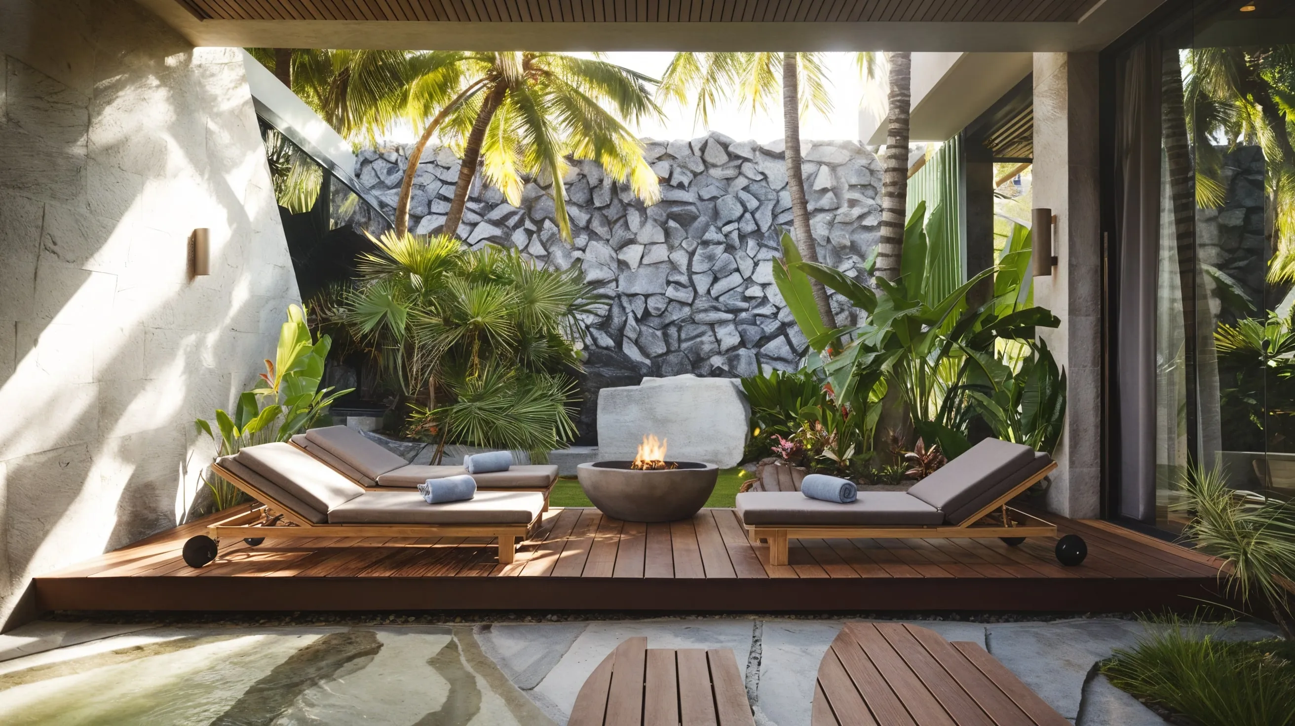 A patio with a fire pit surrounded by trees.