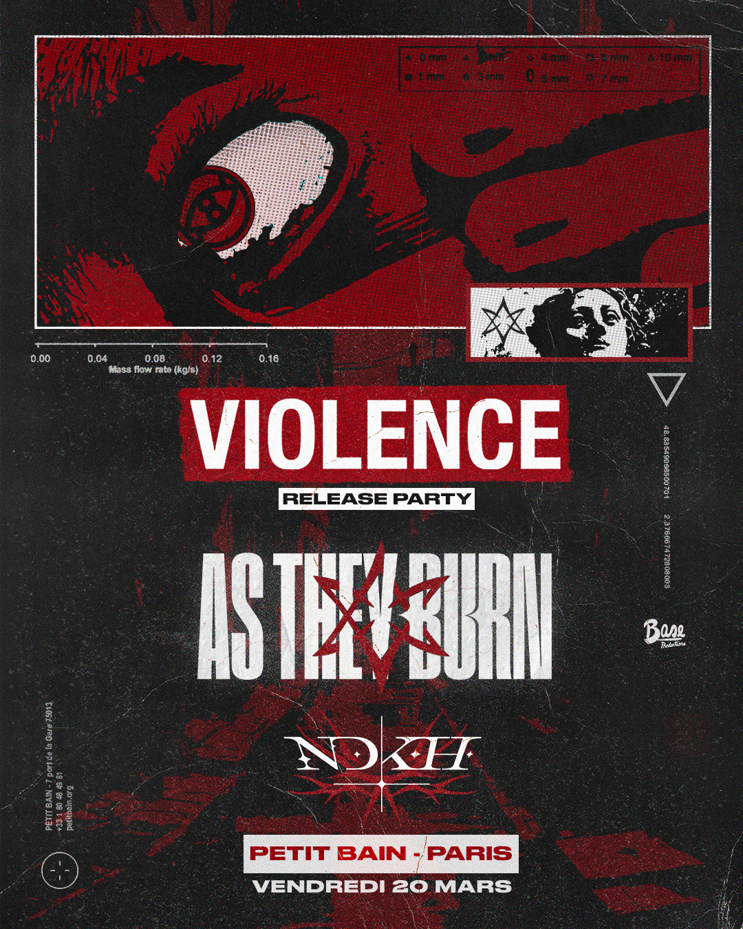 Affiche de concert en style graphique rouge et noir avec un œil en gros plan en haut, annonçant la soirée de sortie "VIOLENCE" avec les groupes As They Burn et NDKH à Petit Bain, Paris, vendredi 20 mars.