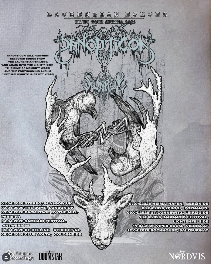 Affiche de la tournée UK/EU printemps 2026 du groupe Panopticon avec illustration d'un cerf à grandes branches et deux oiseaux stylisés au centre.