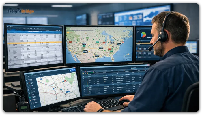 Truck driver filling out paperwork on a clipboard inside the cab, preparing for freight delivery – FreightBridge