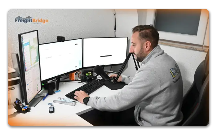 Freight agent with headset manages U.S. shipment routes and load data on dual monitors in logistics office – FreightBridge