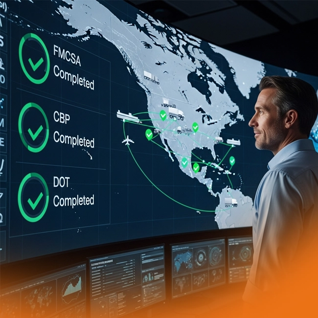 Logistics manager monitoring a digital world map with compliance checks showing FMCSA, CBP, and DOT marked as completed, ensuring smooth global transportation operations.
