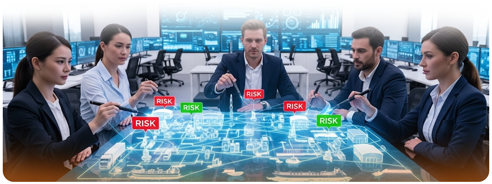 Business professionals in a control room analyzing a digital logistics map with highlighted risk points, representing compliance challenges in U.S. logistics.
