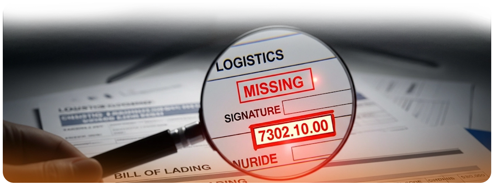 Magnifying glass highlighting missing signature and compliance errors on a logistics bill of lading document, showing the financial and operational impact of non-compliance.