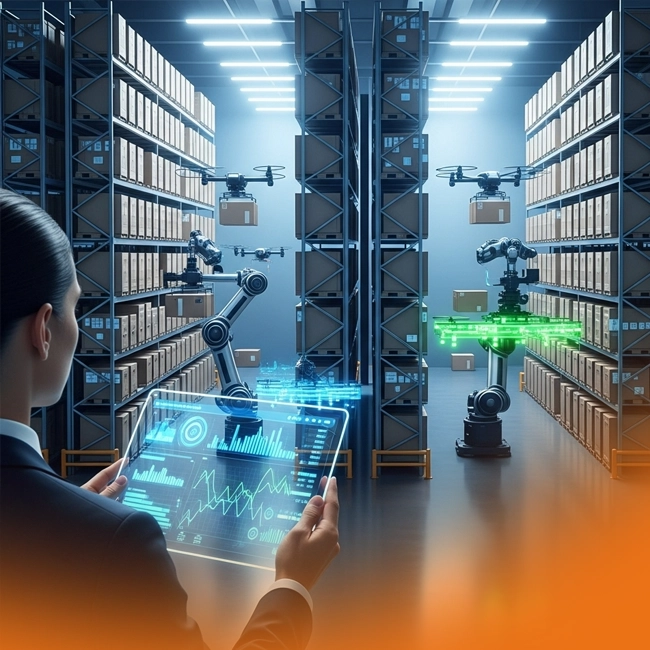 A manager using a futuristic data tablet to oversee an automated warehouse where robotic arms and drones move packages.