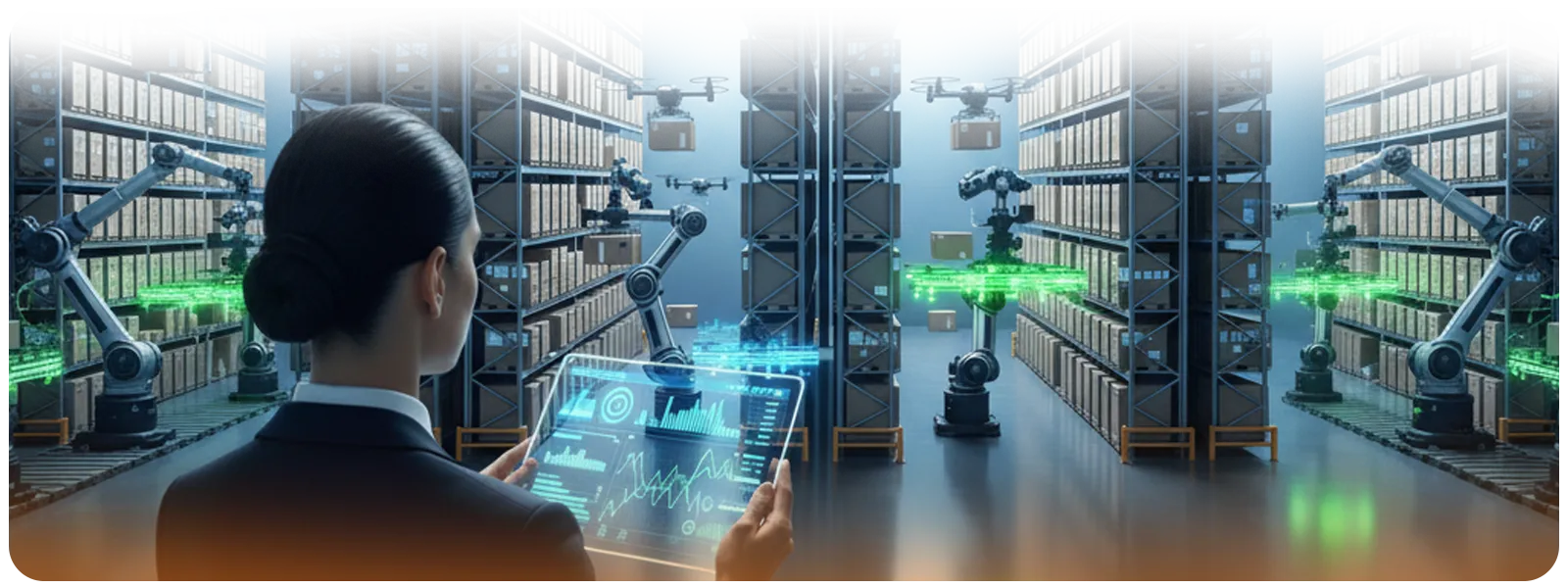 A wide-angle view of a manager using a transparent data tablet to manage a large, automated 3PL warehouse with multiple robotic arms and drones operating simultaneously.