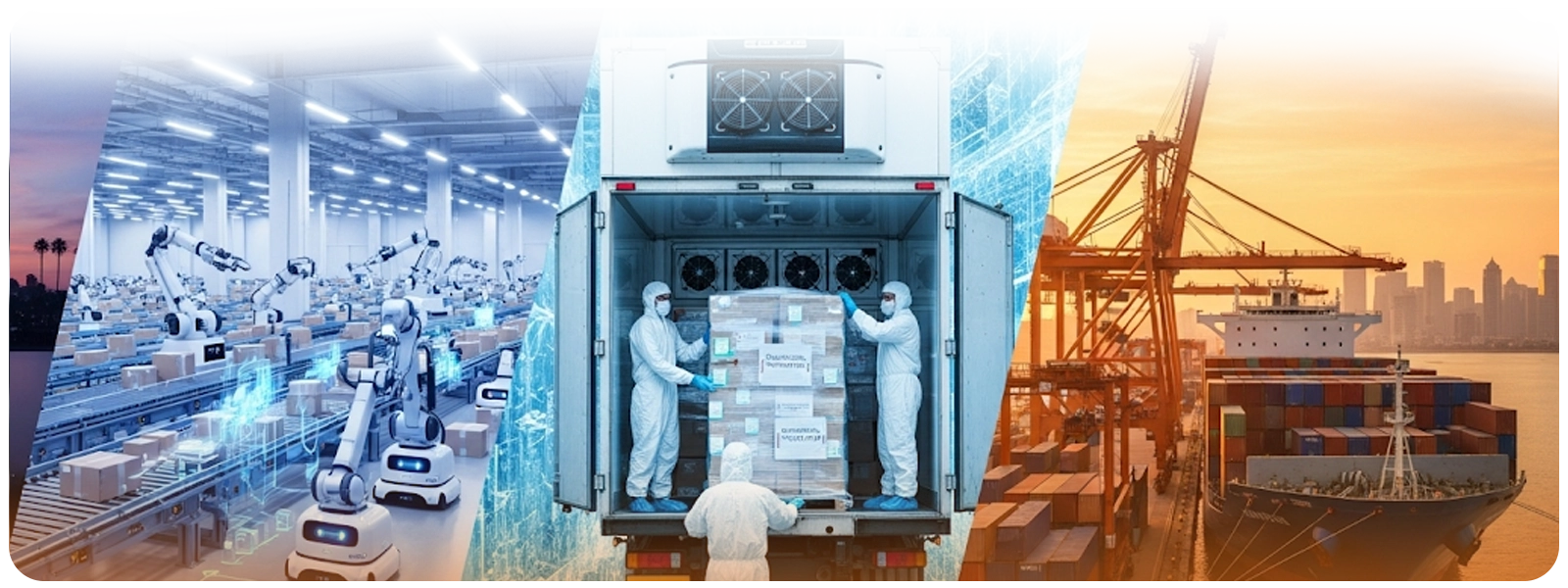 A collage illustrating the U.S. 3PL market, showing warehouse automation with robots, cold chain logistics with workers in protective gear, and a container ship at a port.