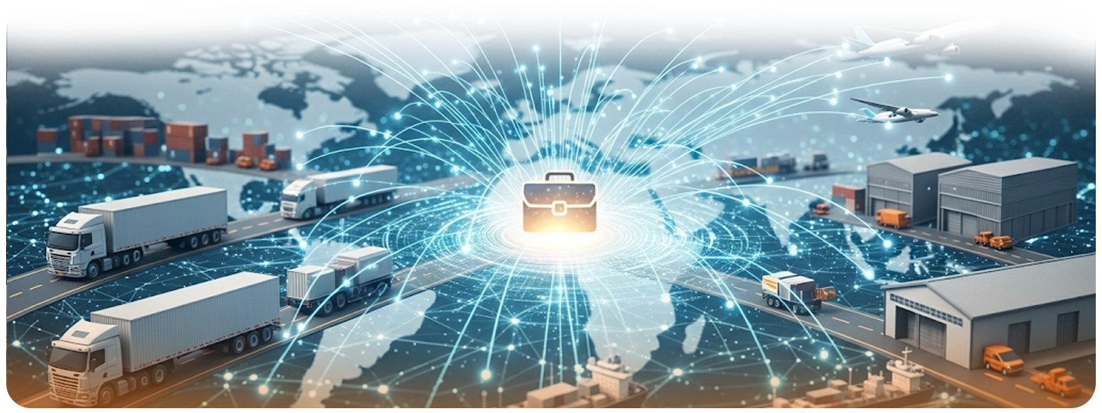 A briefcase representing Outsource Support at the core of a global digital network, linking trucks, ships, planes, and warehouses to highlight the competitive edge of outsourced logistics.
