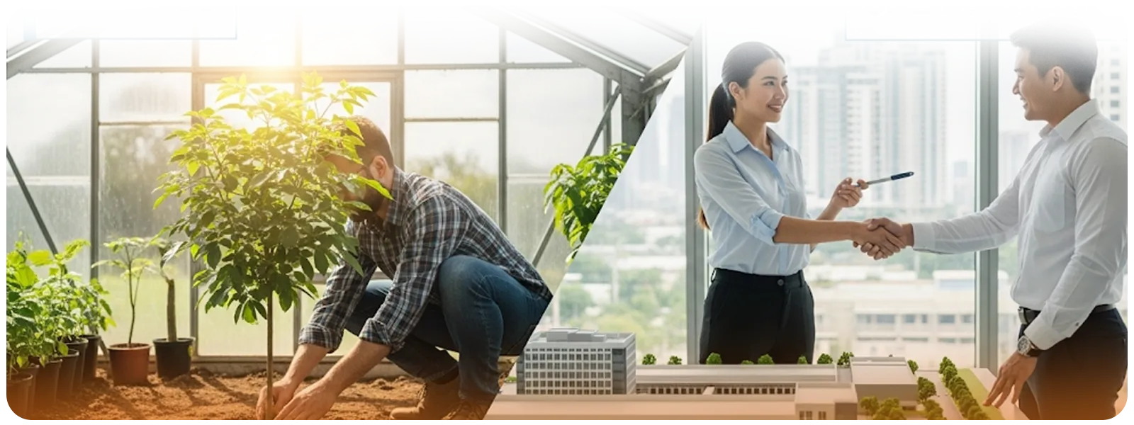 Split image showing two logistics strategies: on the left, a man planting in a greenhouse representing in-house growth and control; on the right, two business professionals shaking hands in an office representing outsourced 3PL partnerships and agility.