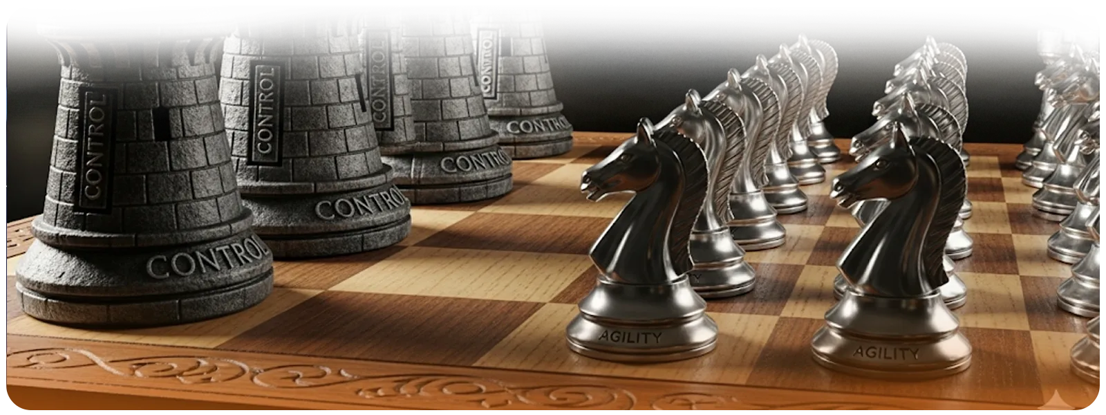 Chessboard with stone rooks labeled Control facing off against metallic knights labeled Agility, symbolizing the strategic choice between in-house logistics control and outsourced 3PL agility.
