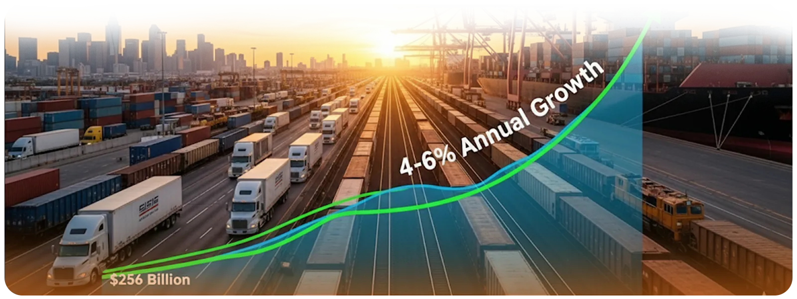 Infographic of the U.S. Logistics Outsourcing Market Outlook showing trucks, shipping containers, and trains at a port. A green upward trend line highlights $256 billion market value in 2024 with a projection of 4–6% annual growth through 2029. Text below notes that over 90% of Fortune 500 companies use third-party logistics (3PL) providers, driven by e-commerce demand, rising costs, and adoption of specialized technology.