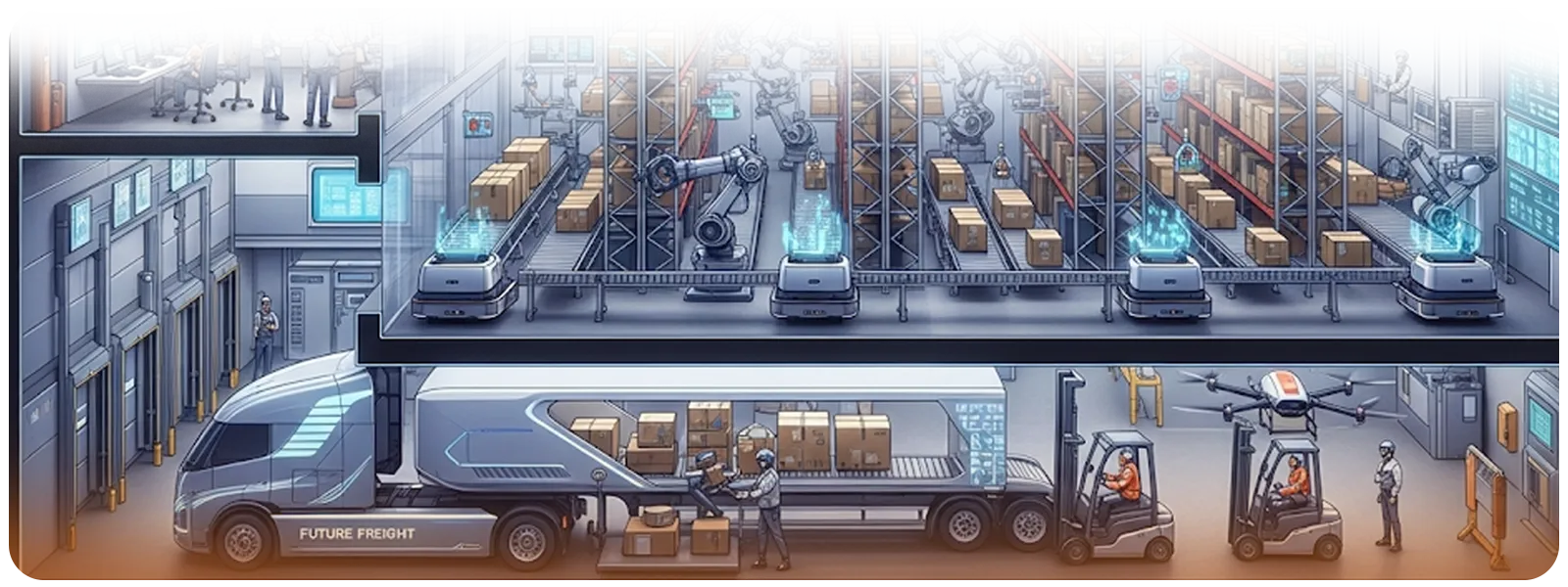 Illustration of futuristic logistics outsourcing in 2025 showing automated warehouses, AI-driven robotics, drones, and autonomous vehicles managing freight. The image highlights themes of AI and automation, sustainability, last-mile delivery, nearshoring supply chains, and workforce challenges.