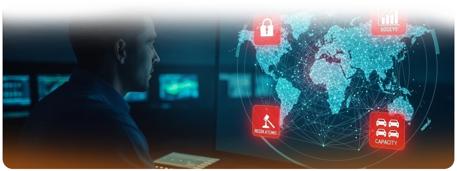 Supply chain manager monitoring risks on digital world map interface, with icons highlighting cybersecurity, regulations, cost volatility, and capacity challenges. The graphic emphasizes vulnerabilities global logistics leaders must address in 2025.