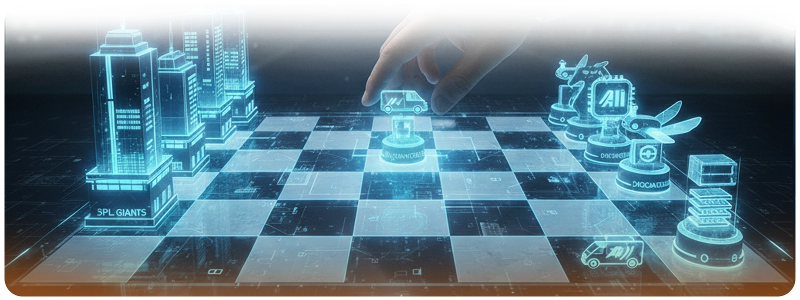 Futuristic digital chessboard with holographic logistics icons including 3PL giants, AI, automation, trucks, and warehouses. A hand moves a chess piece symbolizing supply chain choices, representing strategic decision-making in the future of logistics outsourcing.