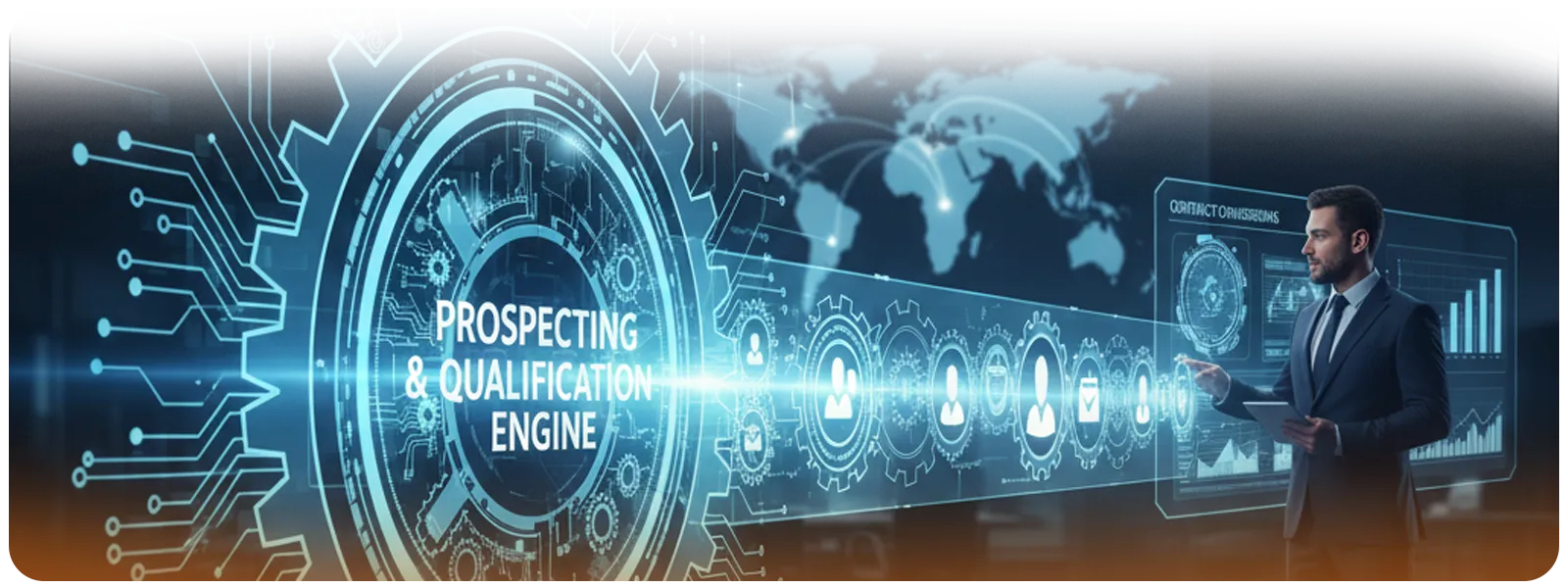 “Business professional using futuristic digital interface with global map and analytics dashboards, highlighting a prospecting and qualification engine.