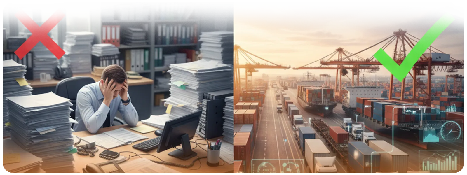 Split image: on the left, an overwhelmed office worker with piles of paperwork and a red X; on the right, a modern shipping terminal with containers, cranes, and a green check mark, symbolizing inefficient vs. optimized logistics operations