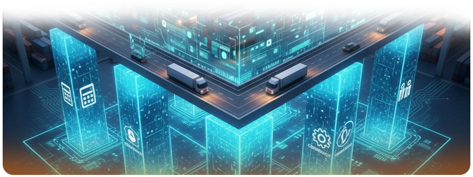 Digital illustration of trucks moving through a futuristic logistics hub with glowing pillars showing finance, HR, technology, and compliance icons, symbolizing the foundation of efficient 3PL operations.