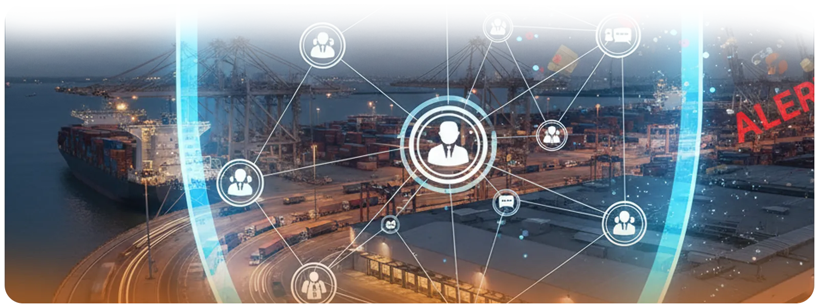 Container port with cargo ships and cranes overlaid with a digital network of connected icons, symbolizing customer and carrier relations in logistics.