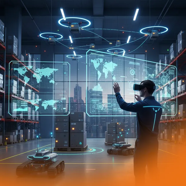 Man in a futuristic warehouse using virtual reality to control logistics operations, surrounded by drones, autonomous robots, and holographic world maps for global supply chain management.