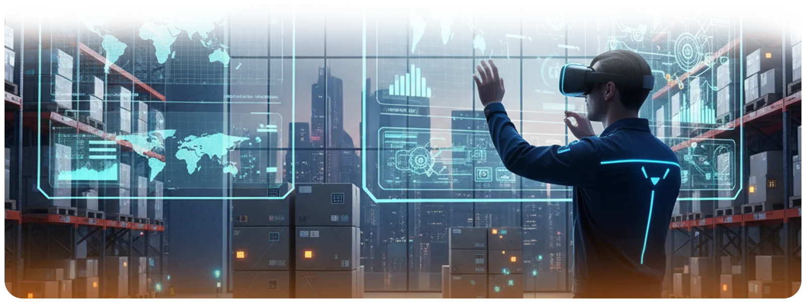 Futuristic smart warehouse where a worker in VR manages global supply chain operations with holographic maps, while drones and autonomous robots handle logistics and inventory movement.