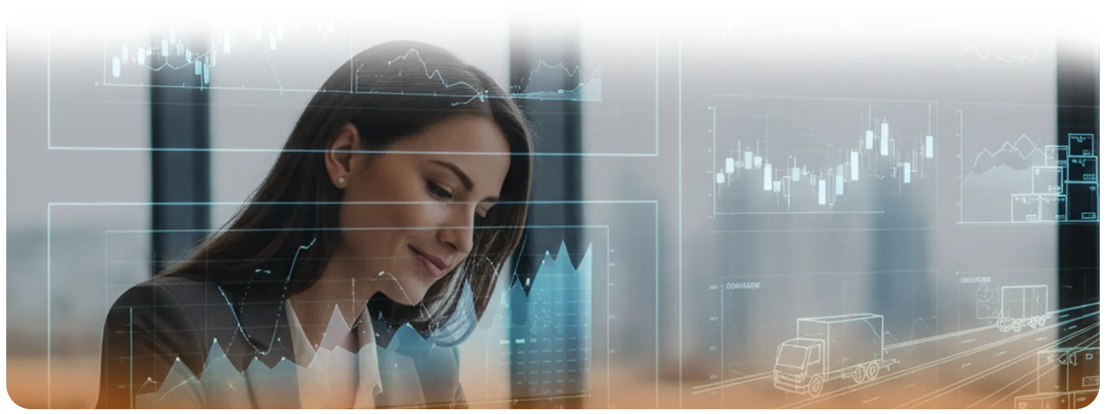 Businesswoman analyzing digital logistics data with overlay of graphs, trucks, and warehouse icons, representing tech-enabled 3PL outsourcing and supply chain management.