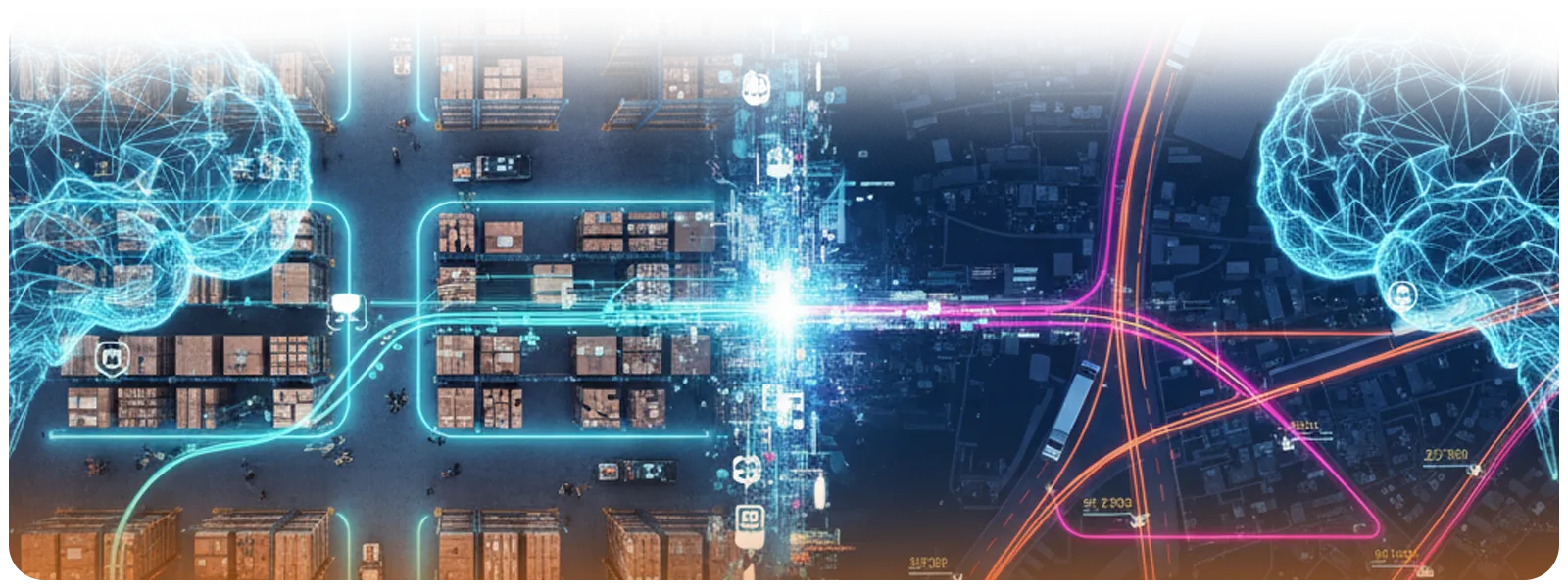 Digital visualization of logistics integration showing warehouse grids, truck routes, and two glowing AI brains connected by data streams, symbolizing 3PL BPO systems integration with WMS, TMS, EDI, and APIs.