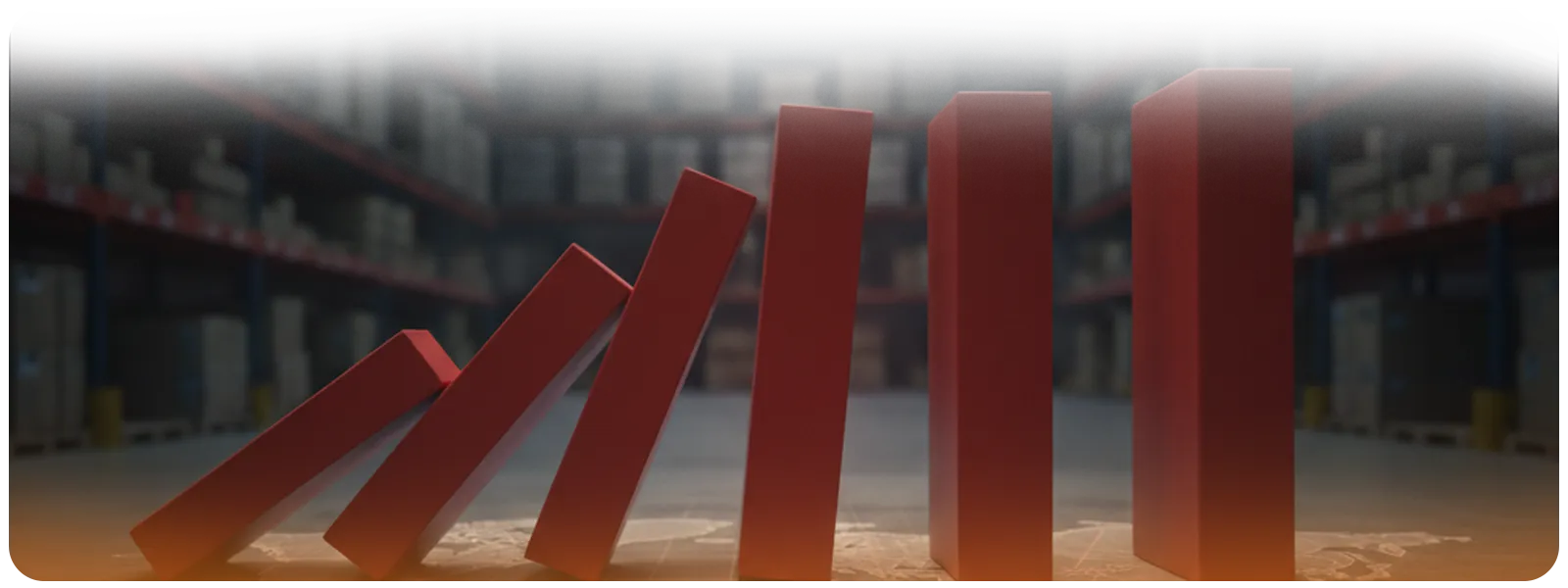 Concept image of falling red dominoes in a warehouse, symbolizing the costly chain reaction of compliance mistakes in logistics.