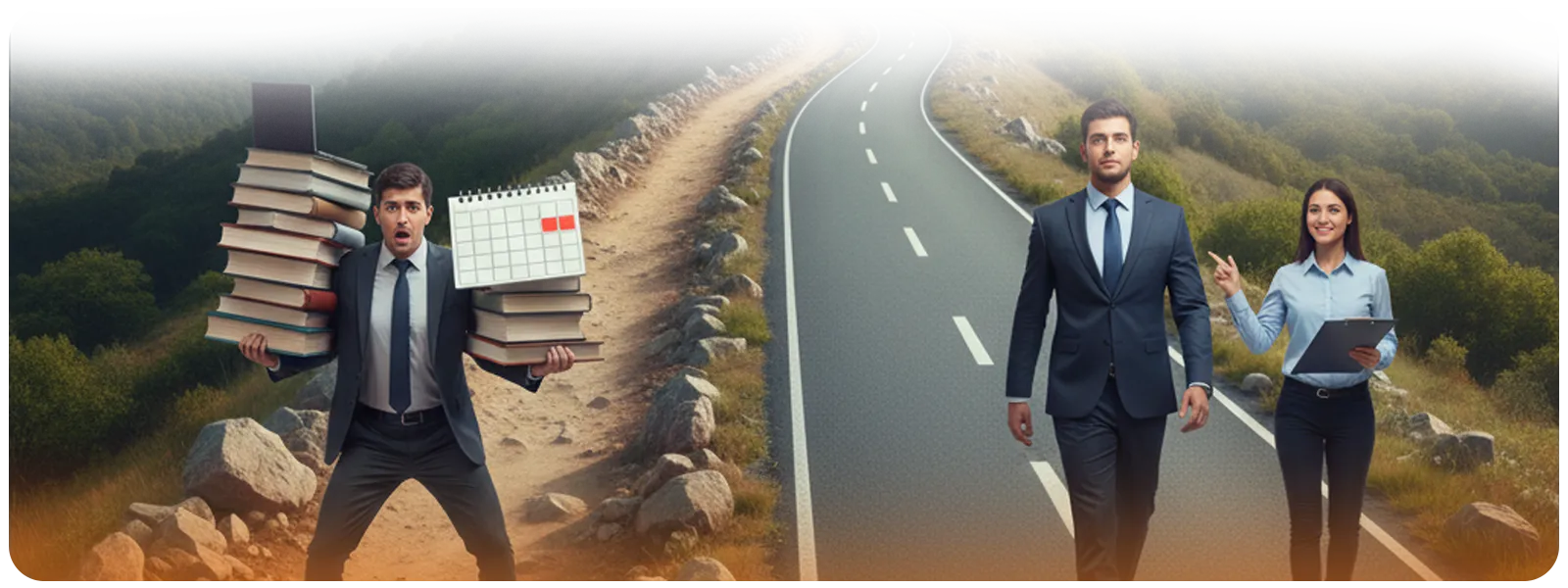 Visual comparison of in-house vs outsourced compliance. On the left, a stressed businessman struggles carrying heavy binders and paperwork up a rough path. On the right, two confident professionals walk smoothly on a clear paved road, symbolizing the benefits of outsourcing compliance.