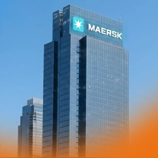 Exterior view of a modern glass skyscraper in Charlotte, North Carolina, featuring the Maersk logo at the top, representing the company's new North American headquarters.