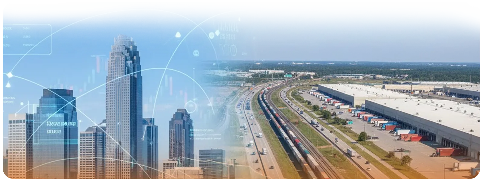 A composite image illustrating Maersk's inland strategy, blending the Charlotte banking skyline with logistics infrastructure including highways, railways, and distribution warehouses.